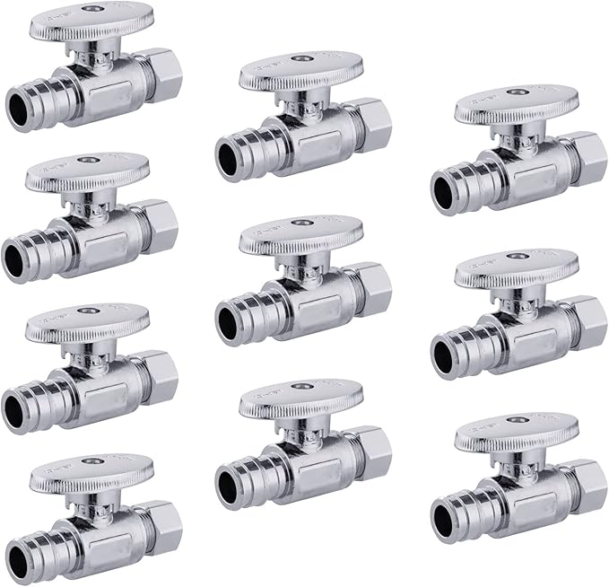 10 PCS EFIELD Stop Valve Pex-a 1/4 Turn Straight 3/8" OD Compression X 1/2" Expansion (F1960) Chrome Plated Brass,(VALVE101)