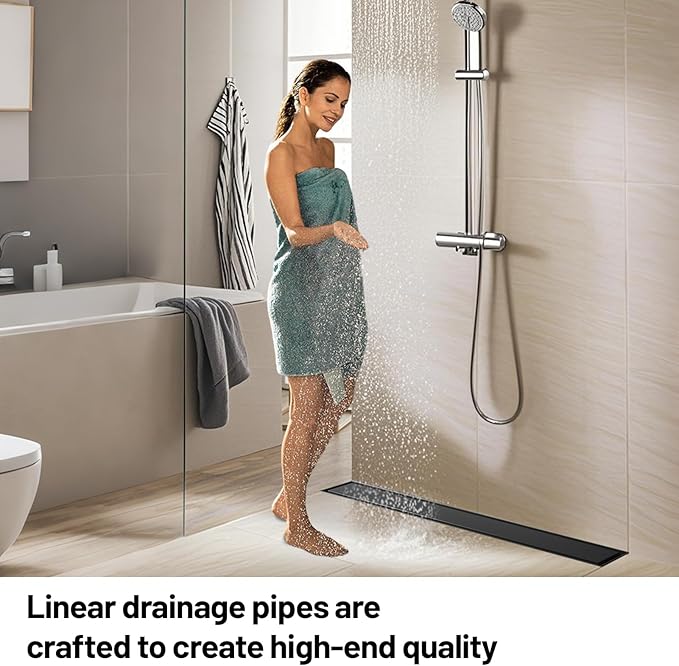 Linear Shower Drain, 304 Stainless Steel with Adjustable Leveling Feet, Hair Strainer,Reversely Install Place to Create an Invisible Floor Drain - Black -32-Inch