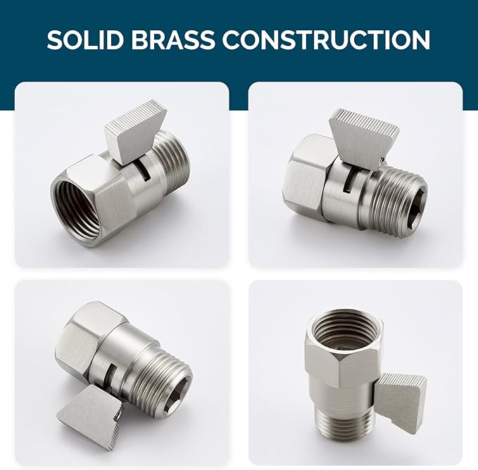 Angle Simple Water Flow Control Valve, Brass Shut Off Valve for Dual Shower Faucet, RV Shower Head with Hose Flow Restrictor, Brushed Nickel