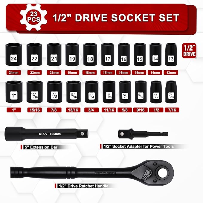 AIRTOON 1/2" Drive Impact Socket Set, 23-Piece Shallow Socket, SAE (7/16 to 1-Inch) & Metric (13-24 mm) Sizes, Ratchet Handle, Adapter, CR-V Steel