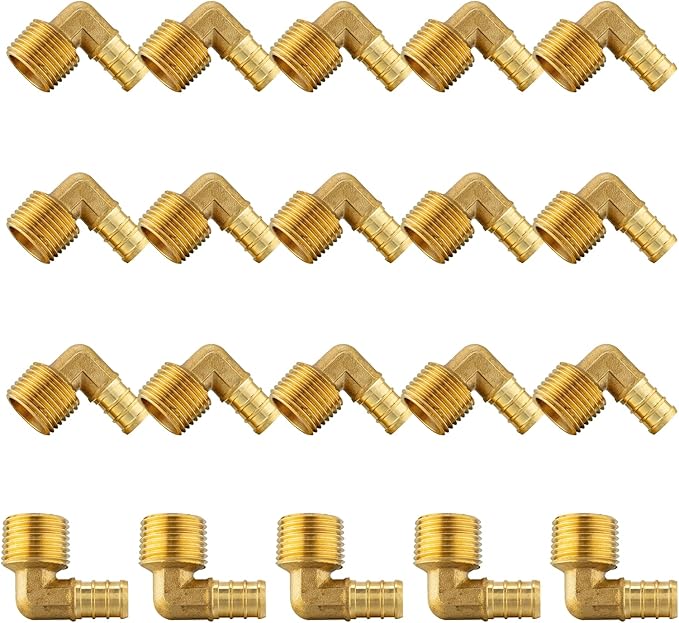(20-Pack) PEX Fittings, Pex 1/2" x 1/2" Male Threaded NPT Elbow Adapter, Brass Crimp Fittings, for PEX Tubing Pipe Plumbing, ASTM F1807(PEX1807096-20Pack)