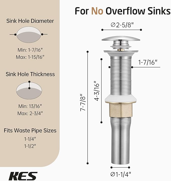 KES Bathroom Sink Drain with Strainer Basket Hair Catcher Anti Clog Pop Up Drain Stopper Vanity Vessel Sink Without Overflow, Brushed Nickel All Metal Rustproof 304 Stainless Steel, S2013D-BN