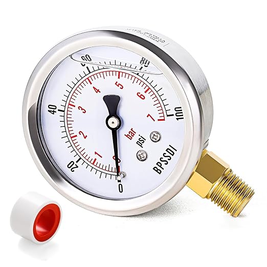 0-100 Psi Lead-Free Glycerin Liquid Filled Low Pressure Gauge, 2.5" Dial Size, 1/4" NPT Lower Mount, 304 Stainless Steel Case, for Water Pipe, HVAC, Water Oil Air Pressure Test