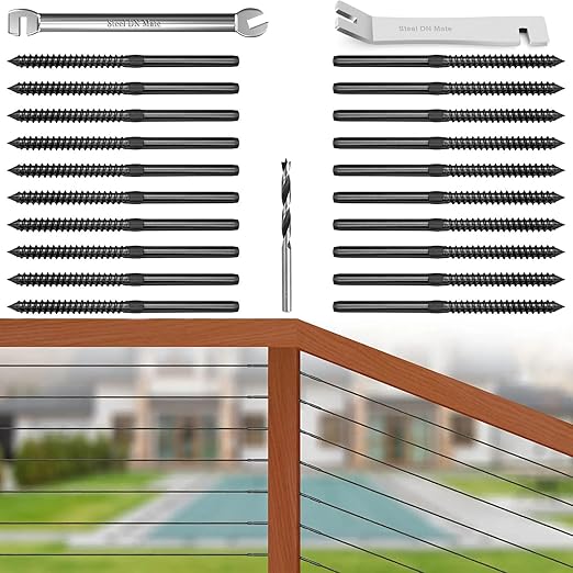 Steel DN Mate 20 Pack Black T316 Stainless Steel Left&Right Handed Thread Swage Lag Screws for Wood Post of 1/8" Black Cable Railing Kit, Deck/Stair Railing DIY Baluster Kit, Wrench Included