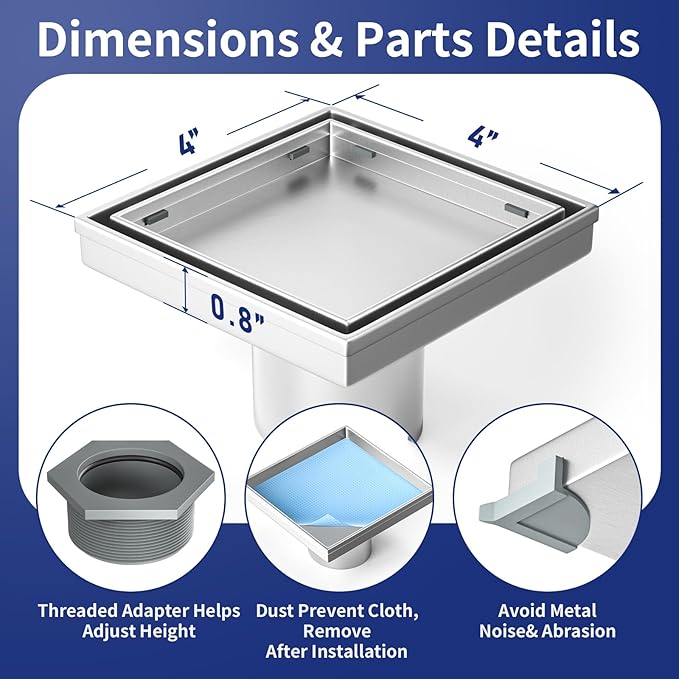Square Shower Drain 4" with 2" PVC Flange Base, 304 Stainless Steel Tile in Floor Drain w/Tiled Insert Grate & Hair Catcher, CUPC Certified, Brushed (Brushed, 4'')