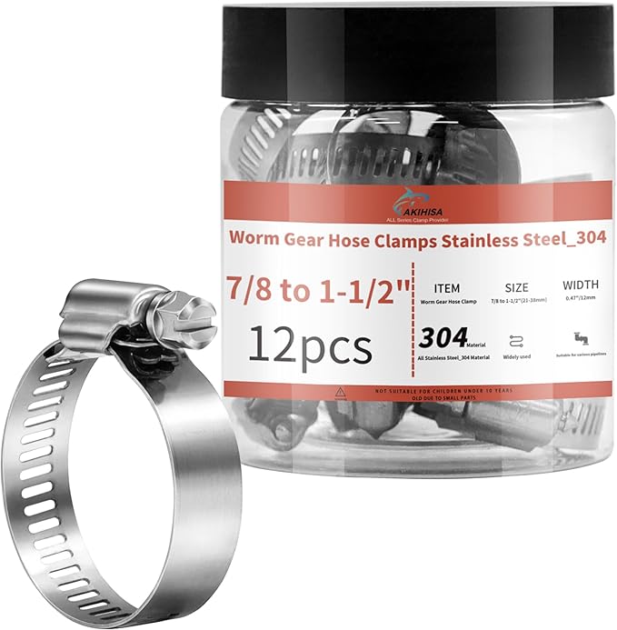 12 Pack 7/8'' - 1 1/2'' Worm Gear Hose Clamps, Adjustable Range 21-38mm 304 Stainless Steel Fuel Line Hose Clamps for Pipe, Plumbing, Automotive And Mechanical Application