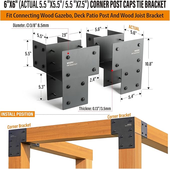 2 Pack Heavy Duty 6x6 (Actual 5.5"x5.5") Stainless Steel Corner Post Caps Tie Bracket , Fit Connecting Wood Gazebo, Deck Patio Post and Wood Beams Bracket (Dark Ggray)