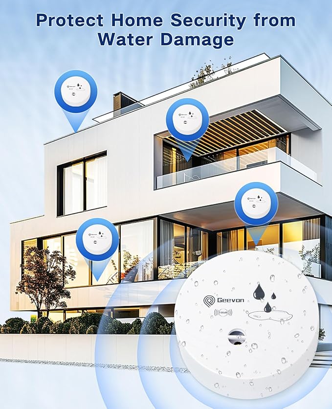 Geevon 4 Pack Water Leak Detectors, 100dB Water Sensor Alarms Flood Detector for Basements, Bathrooms, Laundry Rooms, Kitchens, Garages, and Attics, Water Alarms Battery-Operated (Battery Included)