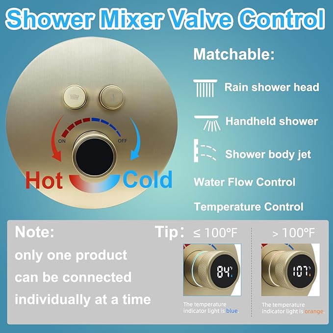 Round Digital Display Shower Valve 2 Way Shower Mixing Valve Concealed Installation Can Use All the Time Brushed Gold