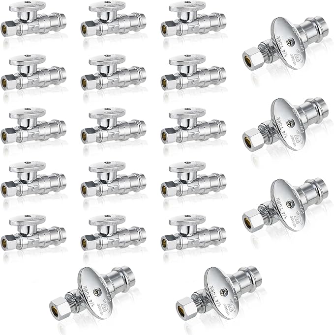 20-Pack GUOFIS Straight Stop Valve,1/2" Nominal Press Inlet x 3/8" OD Compression Outlet,1/4-Turn Shut-off Valve for Potable Water(Chrome Plated)(VALVE397-20Pack)