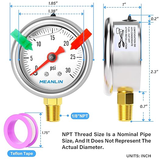 MEANLIN MEASURE 0~30Psi Pressure Gauge, Glycerin Filled 1/8" NPT 1.5" FACE DIAL, Stainless Steel Liquid Filled Pressure Gauge WOG Water Oil Air Lower Mount (with 2PCS Snaps)