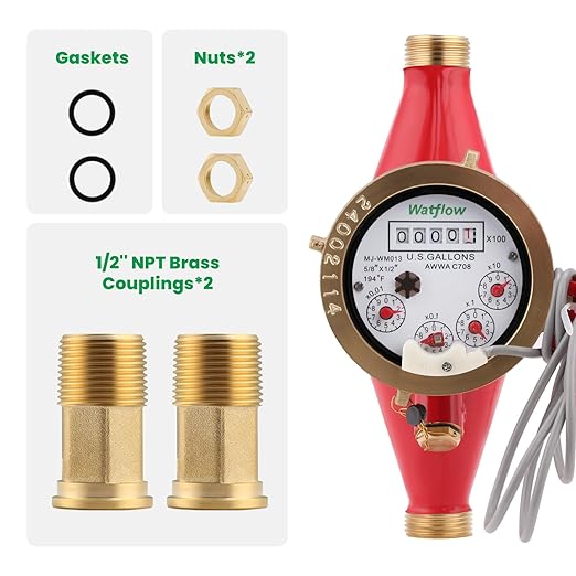 Watflow DN15 Water Meter 1/2" NPT,AWWA C708 Certification Gallon Water Flow Meter with Pulse Output, Hot Water Meter for Garden/Home/Apartment, Horizontal Install.