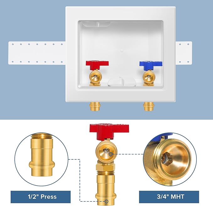 Press Washing Machine Outlet Box with Center Drain, 1/2 Inch Press x 3/4 Inch MHT, Washer Faucet Recessed Box, Laundry Washer Valve Outlet Box