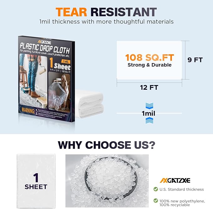 12 x 9 Ft Plastic Drop Cloths-1 Mil(1-Pack - Disposable Painter's Sheeting & Tarps for Painting, Waterproof Furniture/Couch/Floor Protection