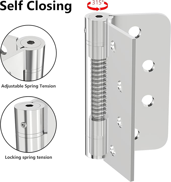 Self Closing Door Hinges 4 Inch, 304 Stainless Steel Spring Loaded Adjustable Tension Hinges for Garage/Front/Back Doors Left/Right Hand Door Hardware with Square Rounded 5/8" Radius 3Pack