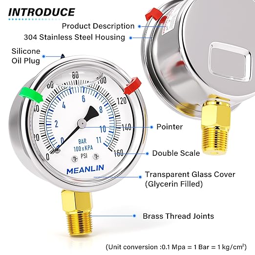 MEANLIN MEASURE 0~160Psi Liquid Filled Pressure Gauge Stainless Steel 1/4" NPT 2" FACE DIAL for Air Compressor RV Regulator Water Pressure Tester Lower Mount, with Hex Bushing and 2PCS Snaps