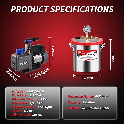2 Gallon Vacuum Chamber Kit with 3.5 CFM Vacuum Pump, Stainless Steel Degassing Chamber with Acrylic Lid, Hose, for Resin, Silicone, Epoxy and Wood Stabilizing
