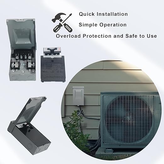 240VAC 30 Amp Fused AC Disconnect Box, Outdoor Waterproof Metal Enclosure with Pull-Out Switch - for Home & Light Commercial HVAC, Condensing Units & Air Conditioning Systems - UL Listed