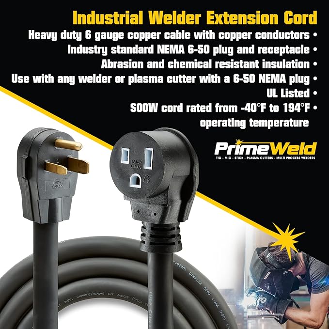 PrimeWeld Welder Extension Cord, SOOW Rated, 50 amp, 250v NEMA 6-50 Heavy Duty Welding Cable, 6 Gauge, (25ft)