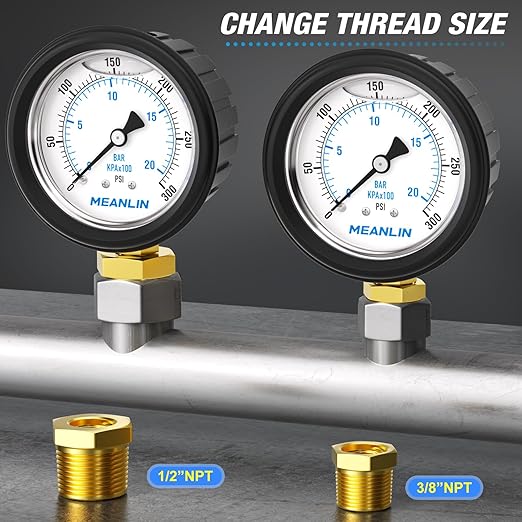 MEANLIN MEASURE 0~300Psi Stainless Steel 1/4" NPT 2.5" FACE DIAL Liquid Filled Pressure Gauge, Lower Mount (with Rubber Protective Sleeve), with 1/2" NPT and 3/8" NPT Hex Bushing