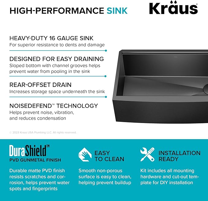 KRAUS Kore Workstation 33-inch Farmhouse Modern Flat Apron Front 16 Gauge Black Stainless Steel Single Bowl Kitchen Sink in PVD Gunmetal Finish with Accessories, KWF410-33/PGM