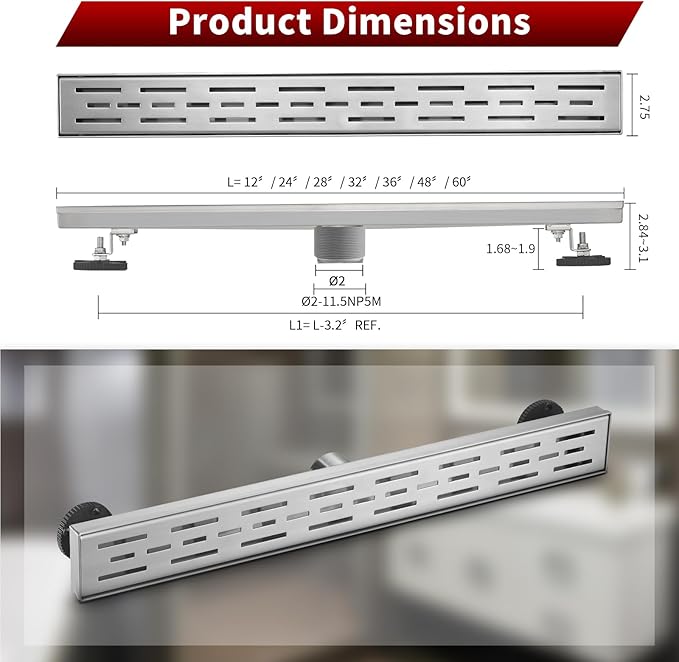 Sharp-tec Linear Shower Drain, 36 inch Shower Drain with Removable Pattern Cover, Brushed Nickel 304 Stainless Steel Rectangle Floor Drain, Adjustable Feet and Hair Strainer Included (Model 101)