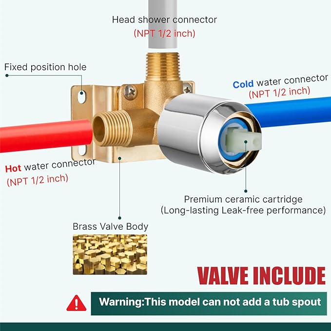 Heyalan Shower Faucet Set Square Stainless Steel Bathroom Rainfall Shower System One Handle Single Function Shower Trim Kit with Rough-in Valve Male Thread,Ceiling Mount,12 Inch,Polish Chrome