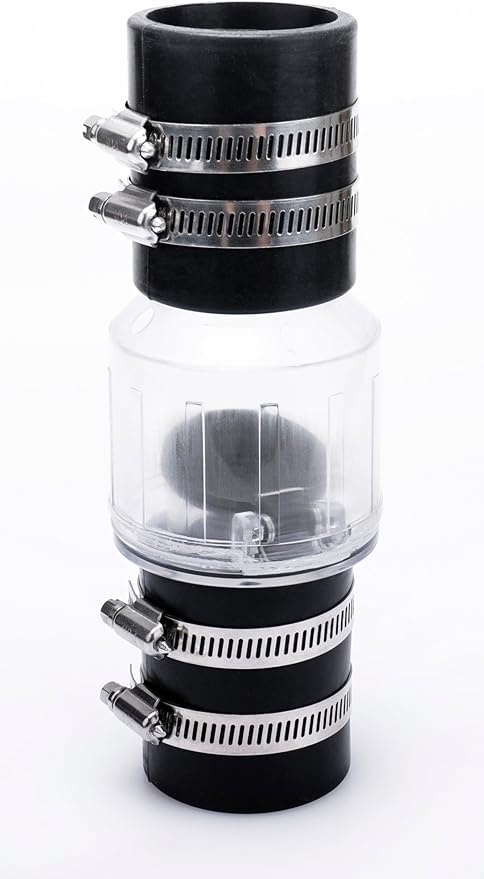 Quiet Check Valve 1 1/2 inch for Sump Pump, Goodbye water hammering, Spring-Loaded Flapper Prevents Backflow, Silent Check Valve with Adjustable Stainless Clamps
