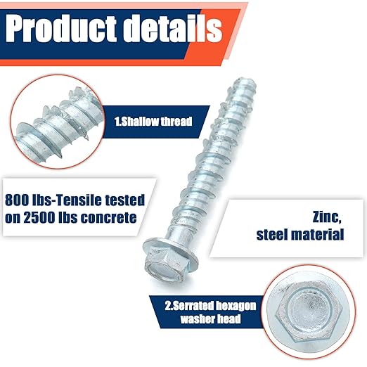 Tandefio 50 Pack 1/4" x 2" Concrete Screw Anchor Galvanized Large Diameter Heavy Duty Plated Concrete Anchors for Masonry Brick Anchoring Block Decking Framing Hex Drive