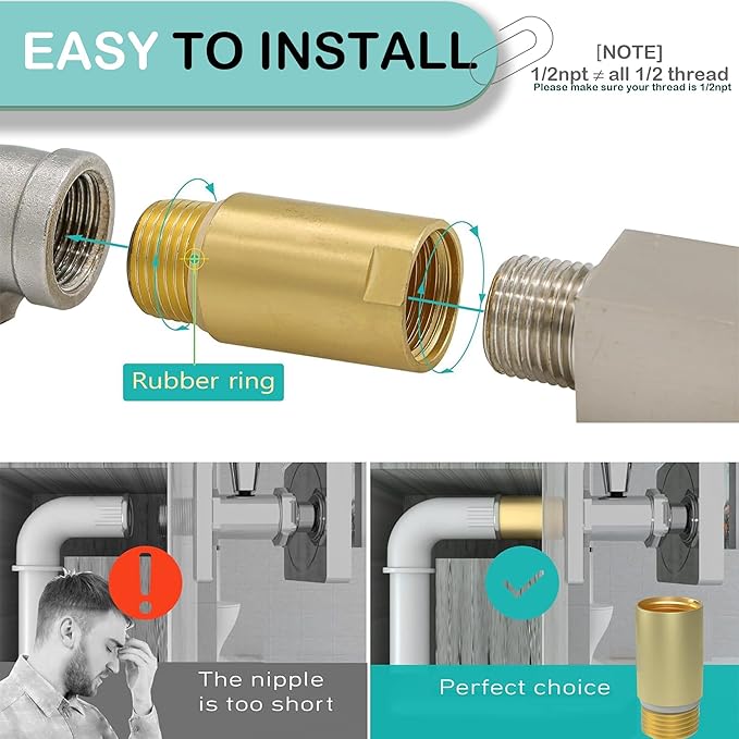 (2 pcs) Upgrade Brass Pipe Plumbing Adapter with Rubber O-ring, 1/2" NPT Male x 1/2" NPT Female Pipe Fitting Coupler, Seamless and Leakproof (2.5" Length)