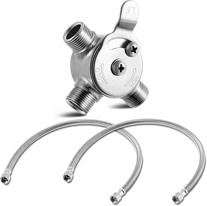 1 Pcs 3/8" Manual Mixing Valve Hot Cold Water Temperature Mixer Thermostatic Mixing Valve for Home and Bathroom Below Deck to Adjust Water Temperature, 2 Braided Faucet Connector Included
