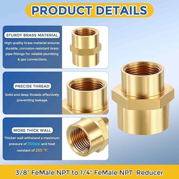 2 Packs Brass Pipe Fittings, 3/8" FeMale NPT to 1/4" FeMale NPT Brass Coupling, Coupler Hex Head Connectors for Air, Oil, LP, Gas