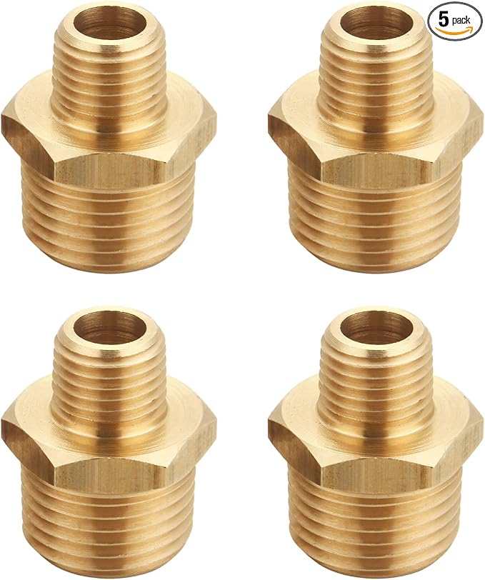 Brass Reducing Hex Nipple, 1/4 Inch NPT Male Pipe x 1/2 Inch NPT Male Pipe, Thread 0.5" OD to 0.75" OD, (4 Piece)