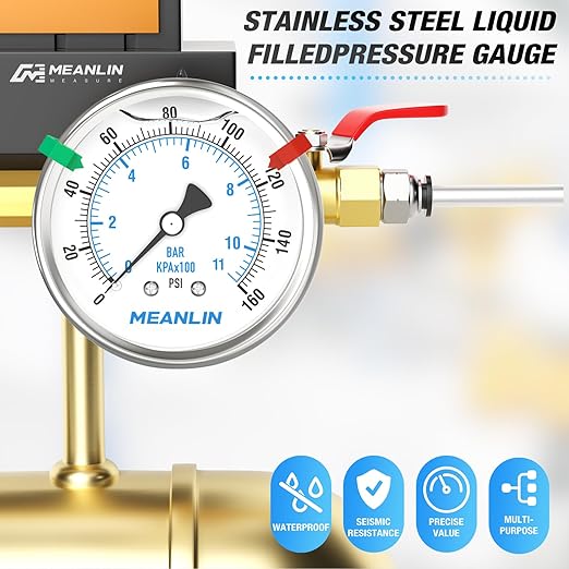 MEANLIN MEASURE 0~160Psi Stainless Steel Liquid Filled Pressure Gauge 2.5"FACE DIAL 1/4"NPT for Air Compressor RV Regulator Water Pressure Tester Back Mount with Stainless Steel Hex Bushing and Snaps