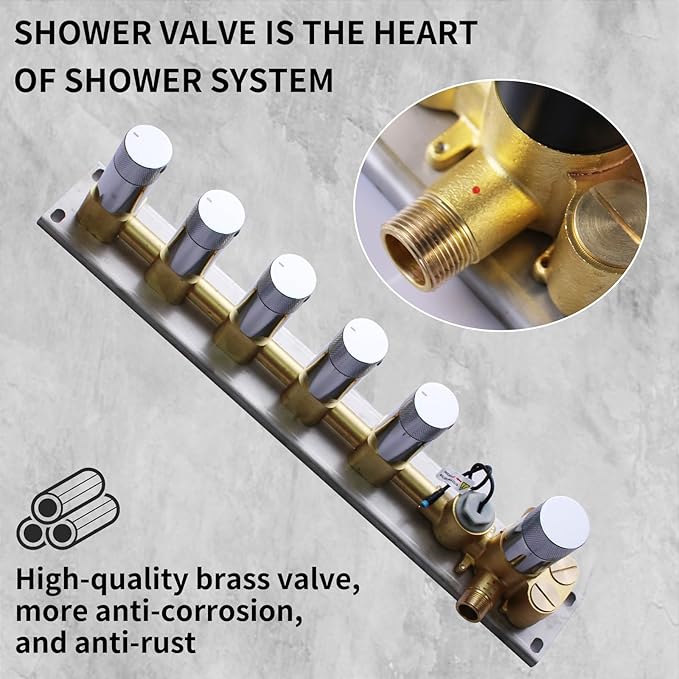 Solid Brass 5 Way Shower Diverter Valve with Temperature Display Shower Mixer Valve Bathroom Shower Diverter Replacement, Chrome