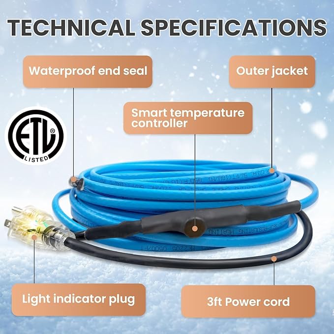 24FT Heat Tape for Water Pipes, Self-Regulating Heat Trace for Pipes with Thermostat Heating Cable for Metal Plastic Pex Pipes 120V 5W/FT