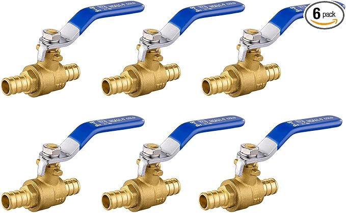 6 Pack Ball Valves, 1/2" Pex Crimp Shut Off Valve Blue, Brass Full Port Pex B Shut Off Ball Valve for Hot and Cold Water, NSF/ANSI 61 Certified