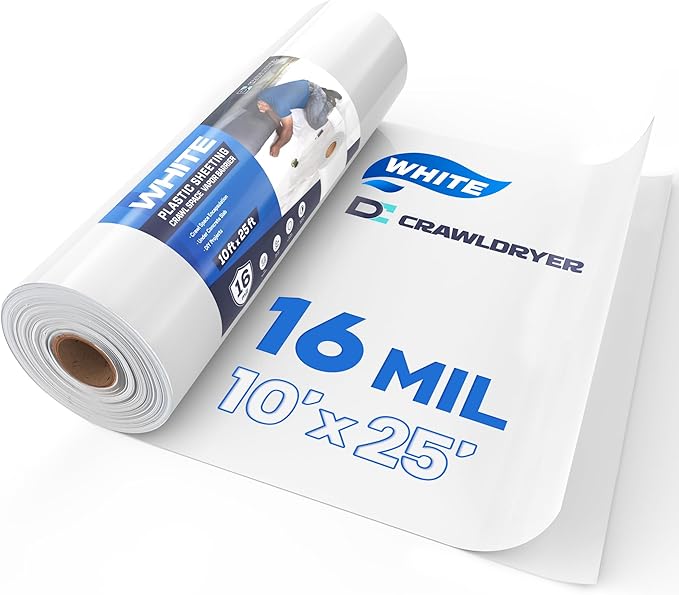 White Crawl Space Vapor Barrier, 16 Mil Vapor Barrier, 10' x 25', White Thick Plastic Sheeting, Heavy Duty Polyethylene Film, White Plastic Drop Cloth Covering for Crawlspace, Basement