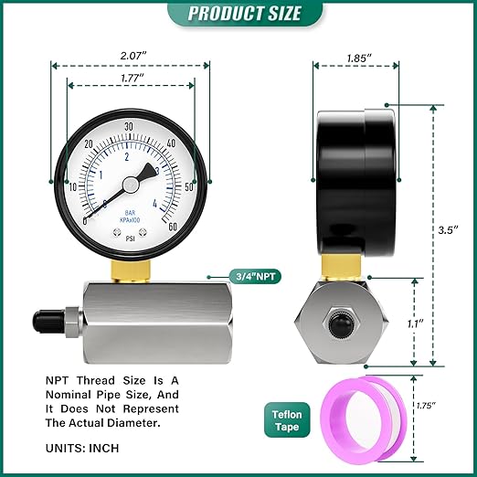 0-60PSI Gas Test Pressure Gauge, 2" Dial Size, 3/4" FNPT Connection, -3-2-3% Accuracy, Brass Valve, Chrome Plated Steel Body Assembly, for as Well as Gas line, air Circuit, Pressure Test