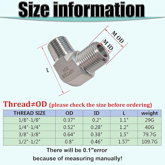 2pcs 90 Degree Street Elbow, 304 Stainless Steel Forged Barstock Street Elbow Adapter, Heavy Duty 1/2" NPT Male x 1/2" NPT Male Pipe Fitting Connector, 5800PSI (1/2" MNPT x 1/2" MNPT)