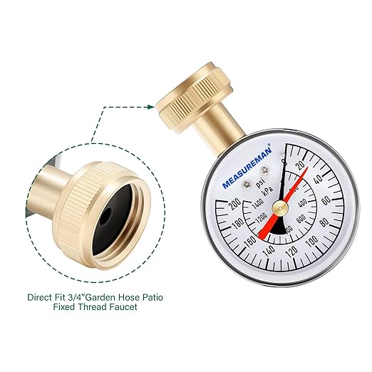 MEASUREMAN 2-1/2" Water Pressure Test Gauge - 0-200psi/kpa, 3/4" Female Garden Hose Thread, Memory Red Pointer, Garden Hose Pressure Tester