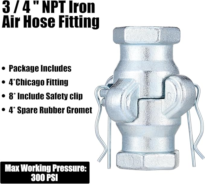 Therwen 4 Sets 3/4 inch Chicago Air Fittings NPT Iron Air Hose Fitting 2 Lug Universal Coupling for Female and Male End(Female End)