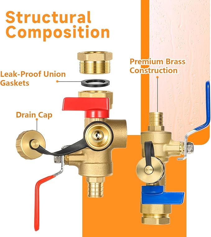 (Set of 1 Kit) HeSun 3/4" FIP X 3/4" PEX-B Crimp IPS Isolator Tankless Water Heater Service Valve Kit, with Pressure Relief Valve (TOOL053)