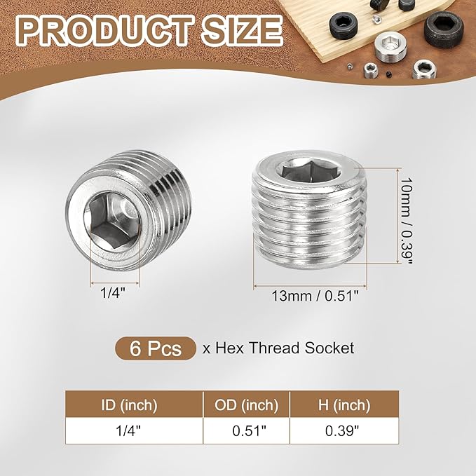 Pipe Plug Stainless Steel Internal Hex Thread Socket Pipe Plug Fitting - Fitting for (Sealing Port - Air Tanks - Water Outlets) 1/4 Inch NPT Male & 6 Pack
