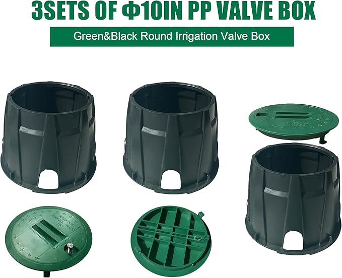 3 Pcs 10 in Sprinkler Valve Boxes, Durable PP Round Irrigation Valve Box for Garden Yard Outdoor Lawn Grassland Ground Farm, Underground Splice Box for Electrical Water Meter Box Green Cover