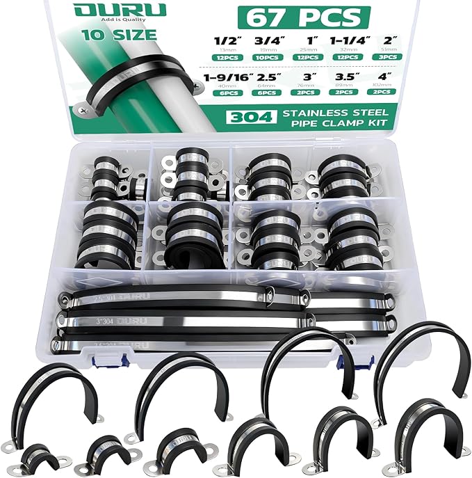 67pcs Pipe Clamp Assortment Kit 304 Stainless Steel, 10 Sizes (1/2"-4") Heavy Duty Rubber Cushioned Insulated Pipe Strap, U Bracket Clamp Conduit Clamp for Automotive, Wire & Tube