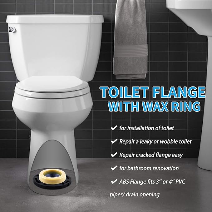 Toilet Flange with Wax Ring for Toilets Replacement Kit Includes Bolts PVC Toilet Flange Repair Kit for 3" or 4" Pipes, Fit Toilet Install & Repair