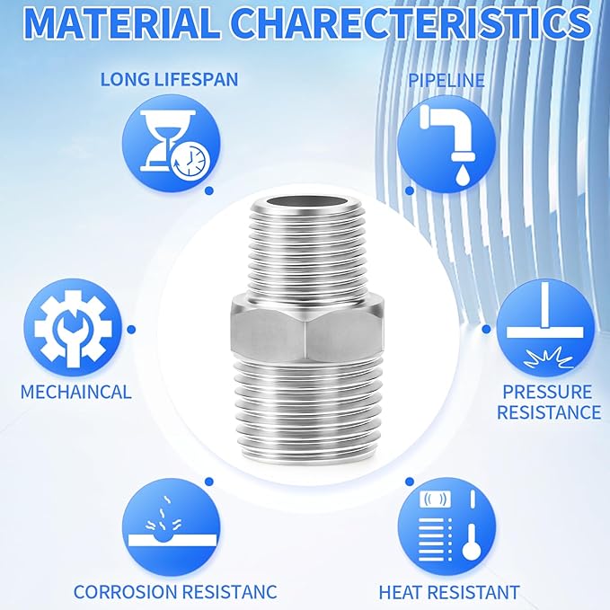 ChillWaves 304 Stainless Steel Pipe Fitting, Reducer Hex Nipple 1/2" NPT Male x 3/8" NPT Male Thread Adapter(3-PACK)