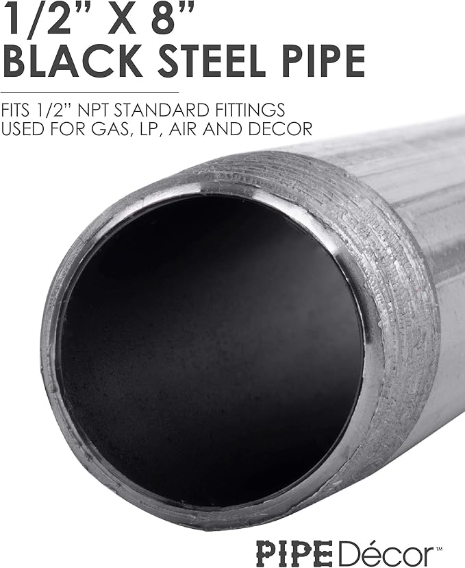 PIPE DÉCOR 1/2” x 8” Malleable Cast Iron Pipe Nipple, Pre Cut Connectors, Industrial Steel Grey Fits Standard Half Inch Black Threaded Pipes Nipples and Fittings, Build Vintage DIY Furniture, 6 Pack