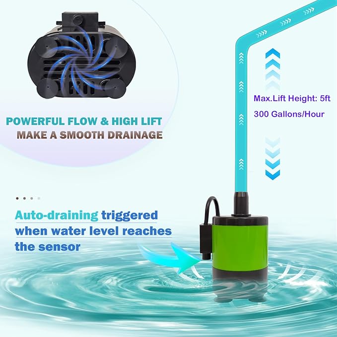 Small Pump With Level Sensor,5 FT Drain Lift,110V Automatic Submersible Water Pump Mini HAVC Condensate Pump For Dehumidifier,Air Conditioner, Ice Maker, Furnace,Air Cooler,PM02Green
